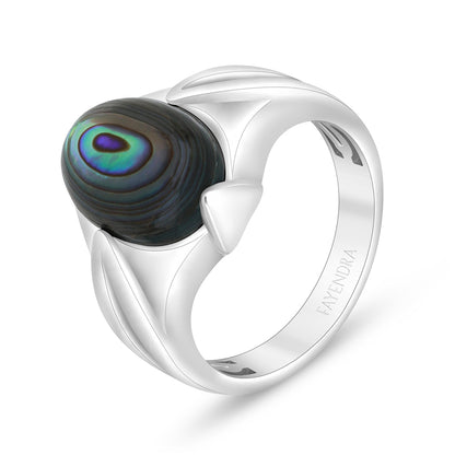 Sterling Silver 925 Ring Rhodium Plated Embedded With Cabochon Blue Shell For Men