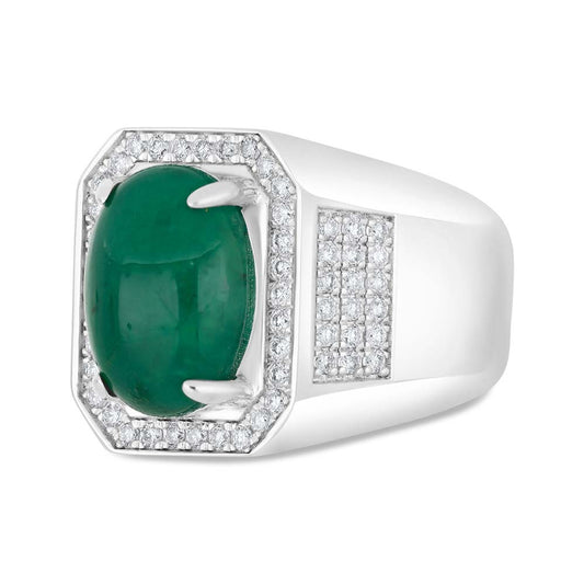 خاتم رجالي عيار 925 مطلي روديوم مرصع بحجر الزمرد الطبيعي و الالماس الطبيعي سي في دي جودة في في اس