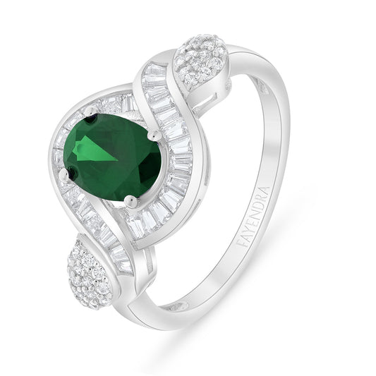 Sterling Silver 925 Ring Rhodium Plated Embedded With Emerald Zircon And White Zircon