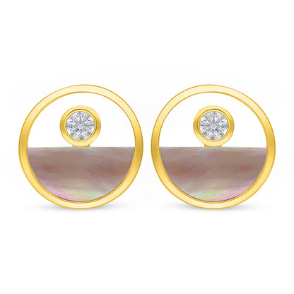 Sterling Silver 925 Earring Golden Plated Embedded With Pink Shell And White Zircon