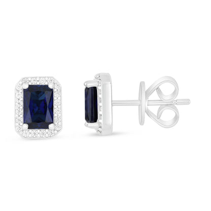 Sterling Silver 925 Earring Rhodium Plated Embedded With Sapphire Corundum And White Zircon