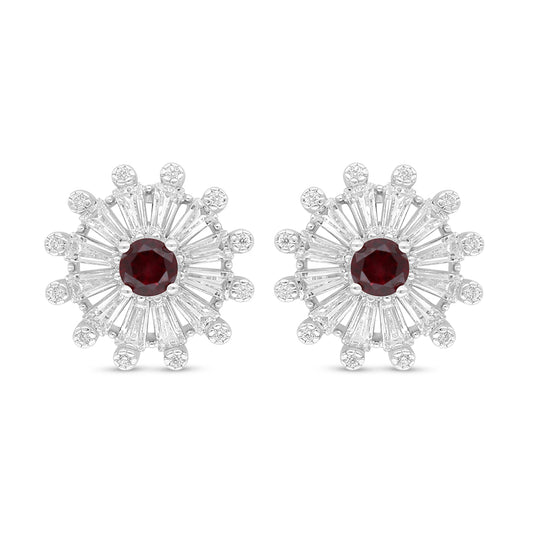 Sterling Silver 925 Earring Rhodium Plated Embedded With Ruby Corundum And White Zircon