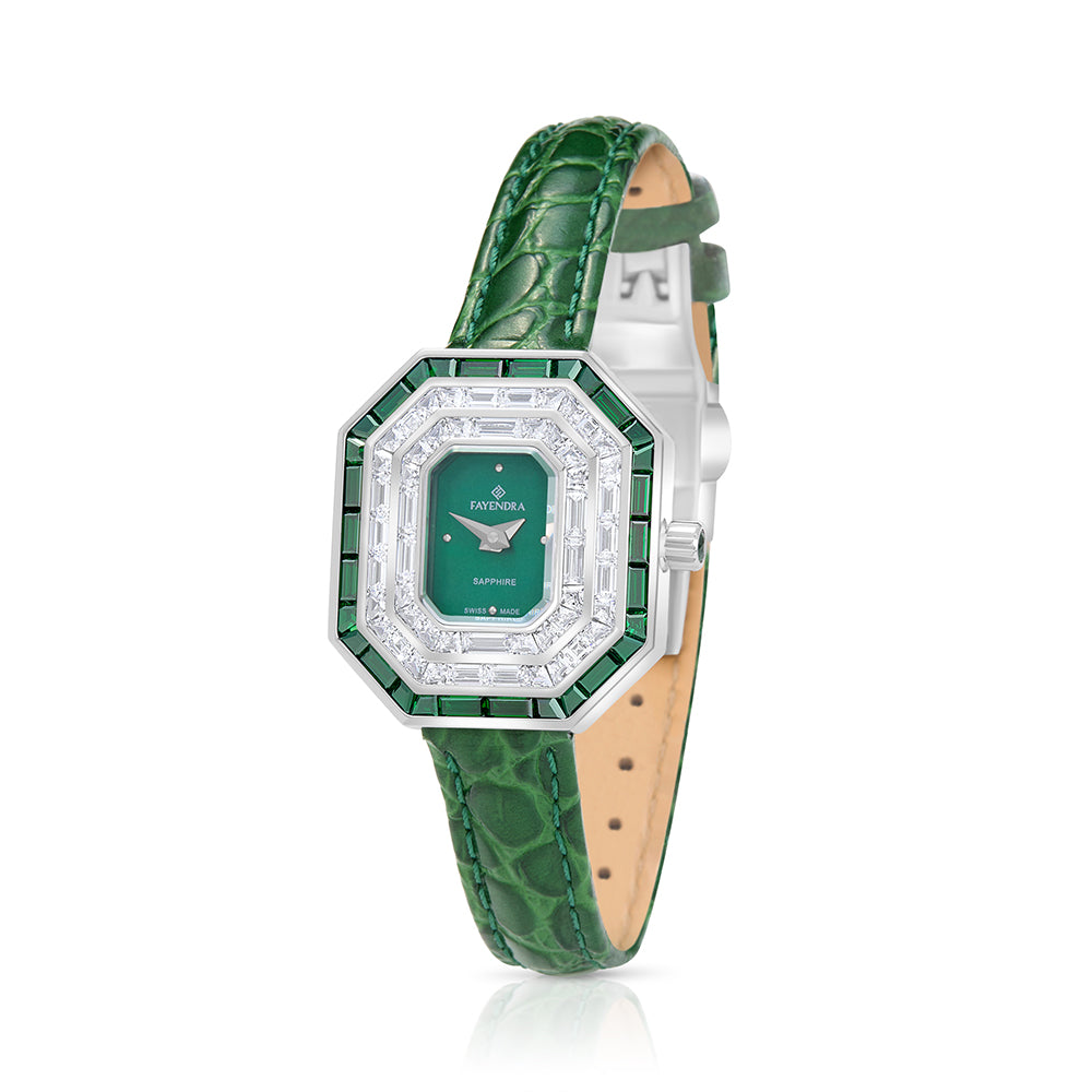 Stainless Steel 316L Watch Silver Color Green Leather Embedded With Emerald Zircon And White Zircon - GREEN MOP DIAL