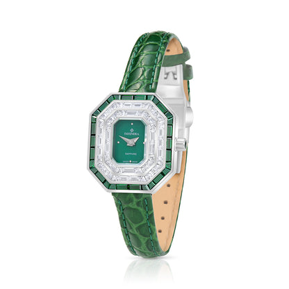 Stainless Steel 316L Watch Silver Color Green Leather Embedded With Emerald Zircon And White Zircon - GREEN MOP DIAL