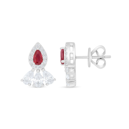 Sterling Silver 925 Earring Rhodium Plated Embedded With Ruby Corundum And White Zircon