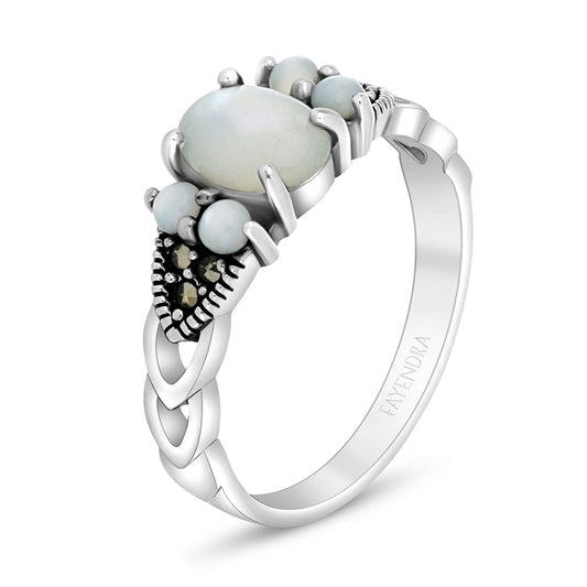 Sterling Silver 925 Ring Embedded With Natural White Shell And Marcasite Stones