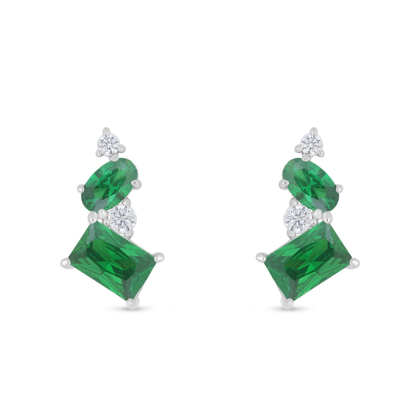 Sterling Silver 925 Earring Rhodium Plated Embedded With Emerald Zircon And White Zircon