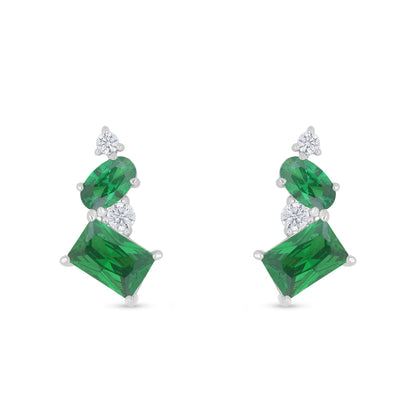 Sterling Silver 925 Earring Rhodium Plated Embedded With Emerald Zircon And White Zircon