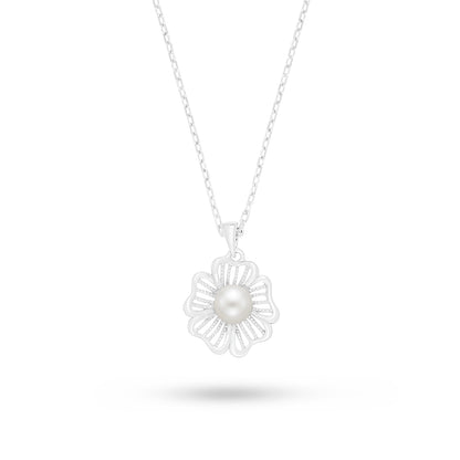 Sterling Silver 925 Necklace Rhodium Plated Embedded With Natural White Pearl