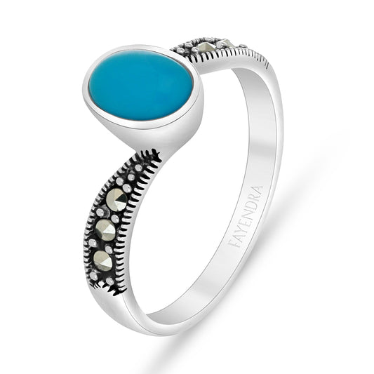 Sterling Silver 925 Ring Embedded With Natural Processed Turquoise And Marcasite Stones