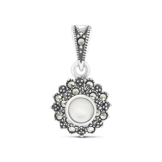 Sterling Silver 925 Pendant Embedded With Natural White Shell And Marcasite Stones
