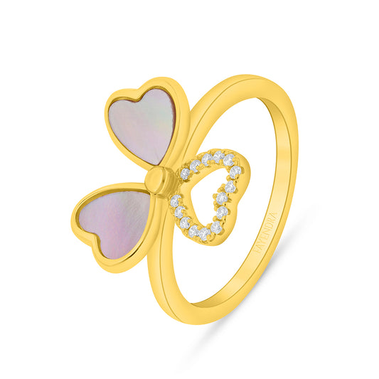 Sterling Silver 925 Ring Golden Plated Embedded With Pink Shell And White Zircon