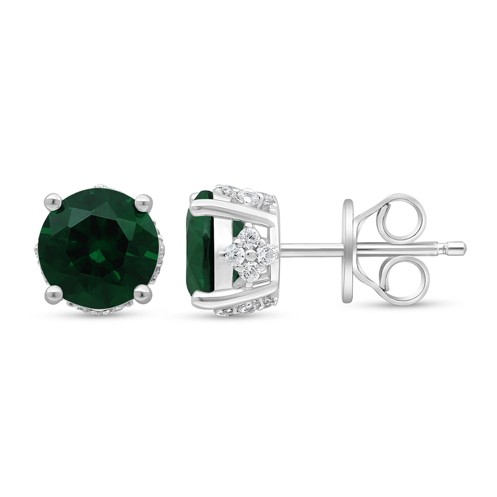 Sterling Silver 925 Earring Rhodium Plated Embedded With Emerald Zircon And White Zircon