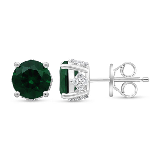 Sterling Silver 925 Earring Rhodium Plated Embedded With Emerald Zircon And White Zircon