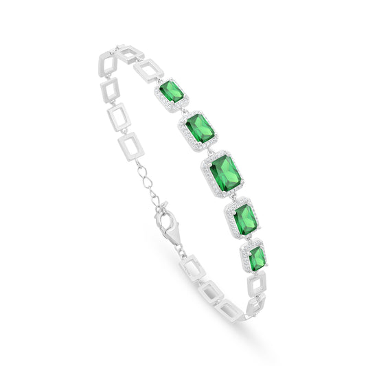 Sterling Silver 925 Bracelet Rhodium Plated Embedded With Emerald Zircon And White Zircon