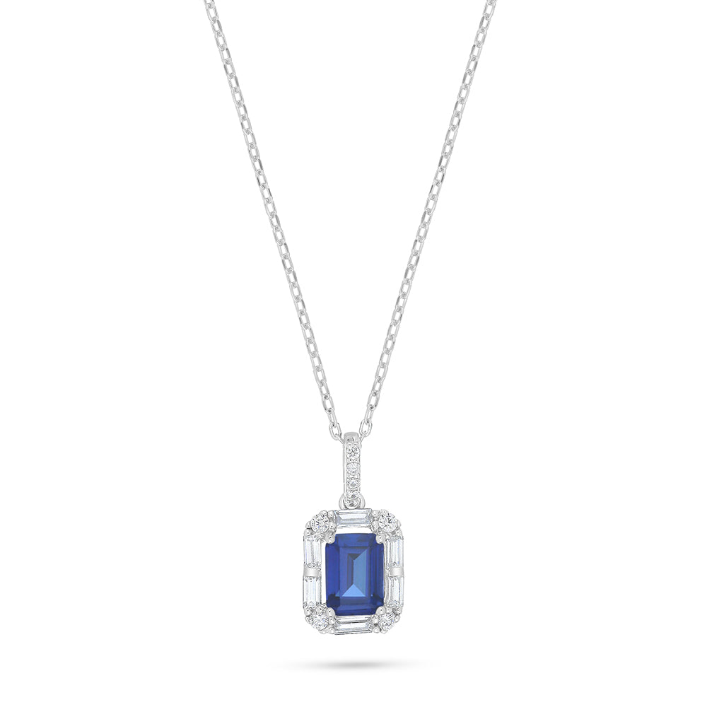 Sterling Silver 925 Necklace Rhodium Plated Embedded With Sapphire Corundum And White Zircon