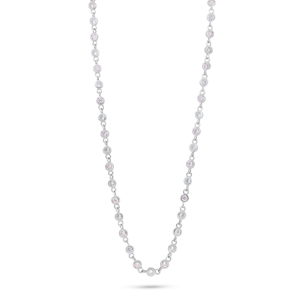 Sterling Silver 925 Necklace Rhodium Plated Embedded With Pink Zircon And White Zircon
