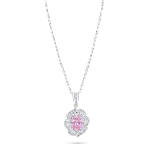 Sterling Silver 925 Necklace Rhodium Plated Embedded With Pink Zircon And White Zircon