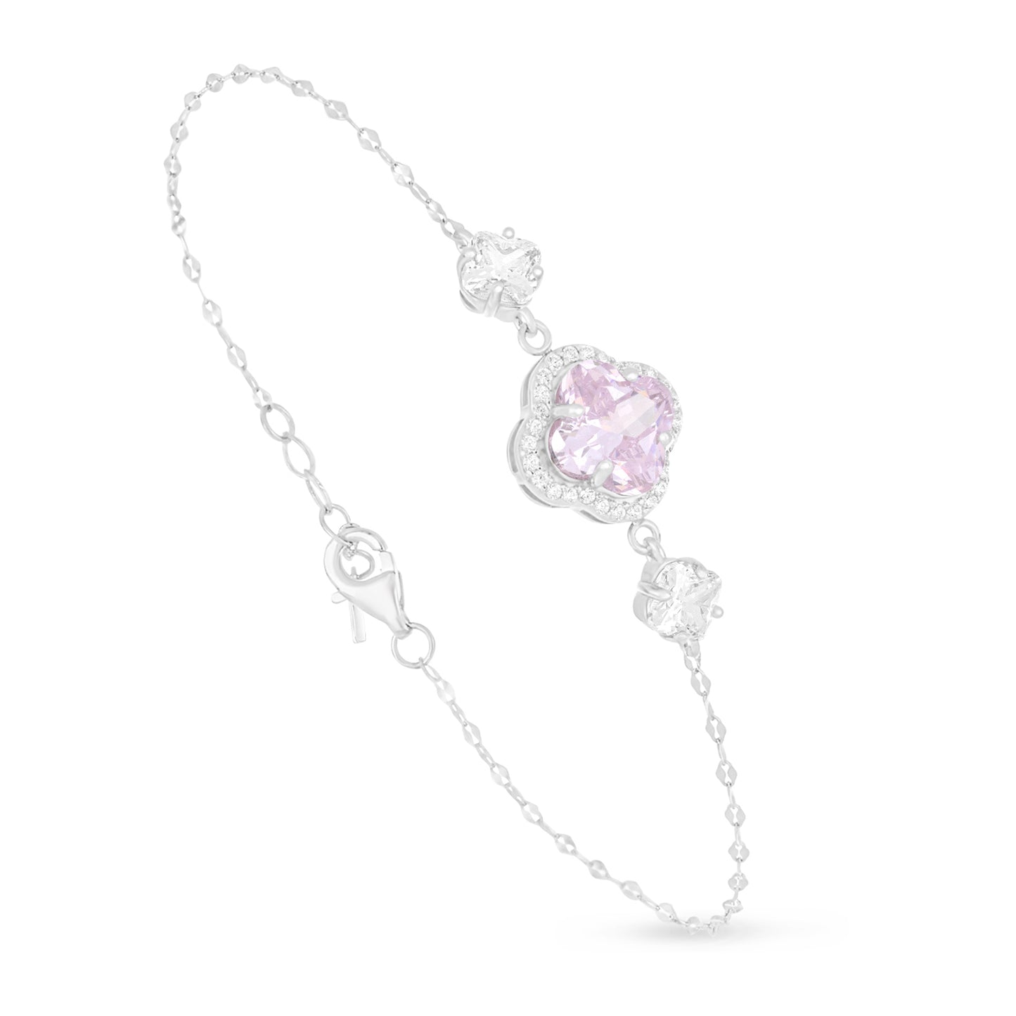 Sterling Silver 925 Bracelet Rhodium Plated Embedded With Pink Zircon And White Zircon