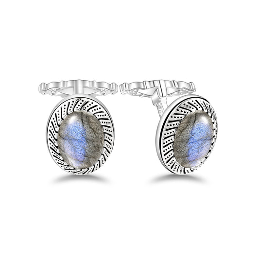 Sterling Silver 925 Cufflink Rhodium Plated Embedded With Labrodite