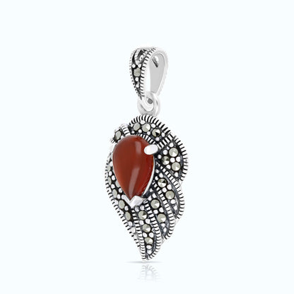 Sterling Silver 925 Pendant Embedded With Natural Aqiq And Marcasite Stones