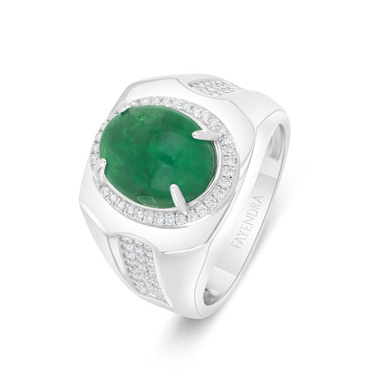 خاتم رجالي فضة عيار 925 مطلي روديوم مرصع احجار الزمرد الطبيعي و الالماس الطبيعي