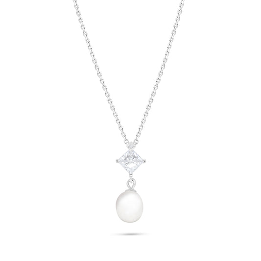 Sterling Silver 925 Necklace Rhodium Plated Embedded With Natural White Pearl And White Zircon