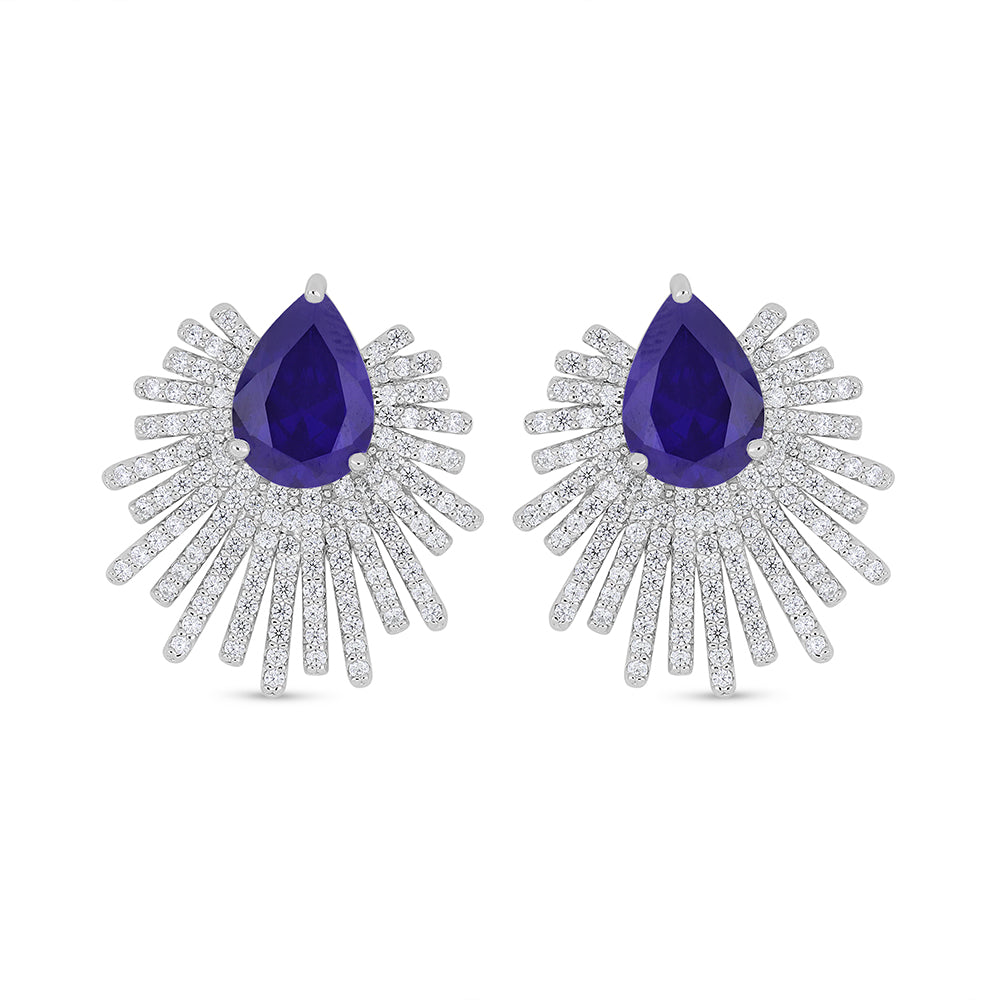 Sterling Silver 925 Earring Rhodium Plated Embedded With Sapphire Corundum And White Zircon