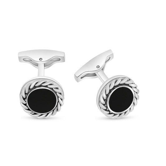 Stainless Steel Cufflink 316L Silver Color Embedded With Black Agate Shiny Steel