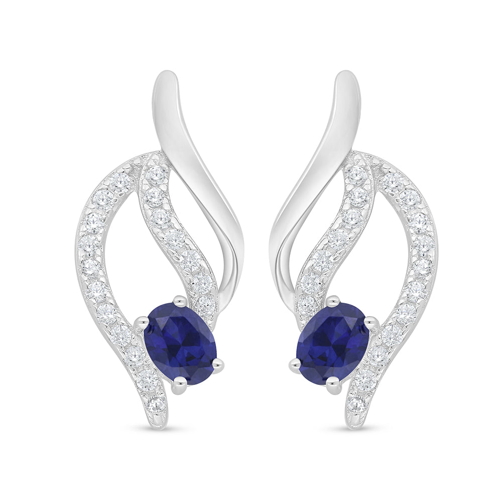 Sterling Silver 925 Earring Rhodium Plated Embedded With Sapphire Corundum And White Zircon