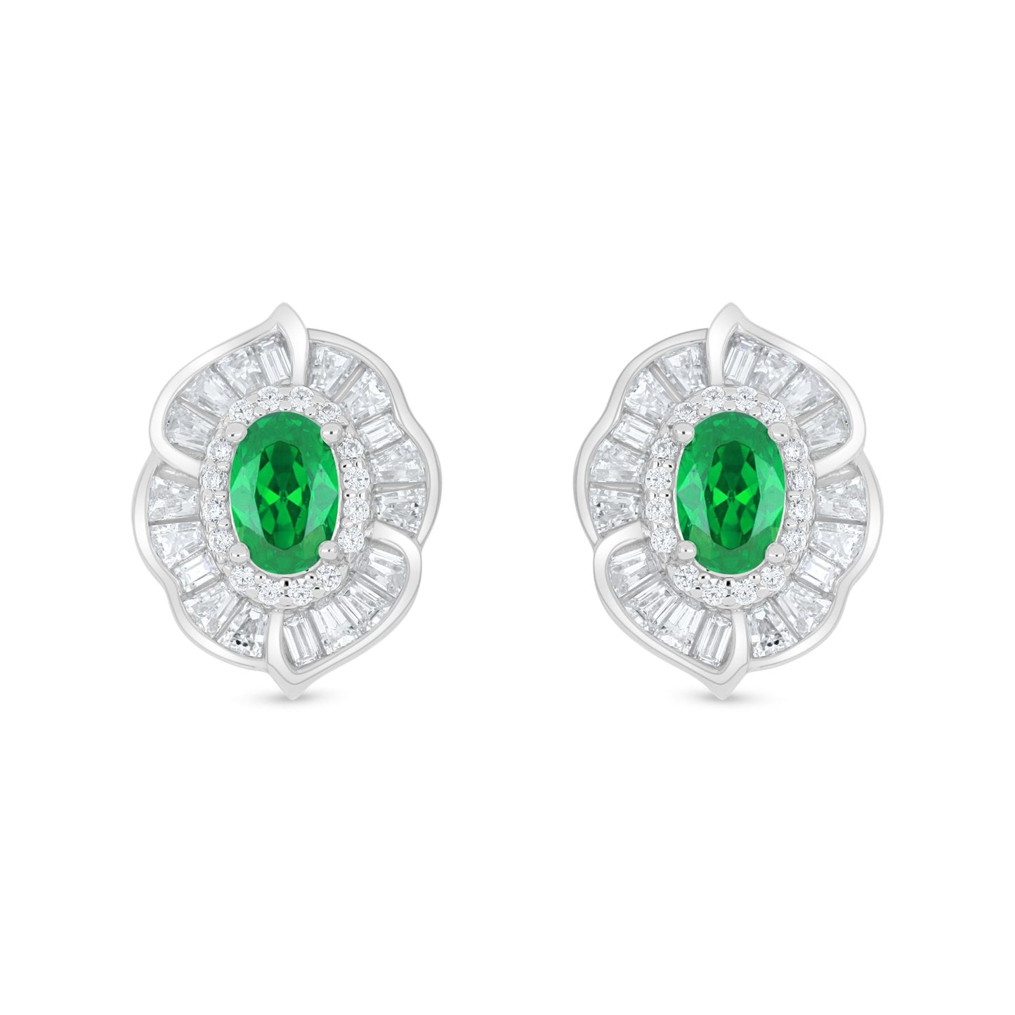 Sterling Silver 925 Earring Rhodium Plated Embedded With Emerald Zircon And White Zircon