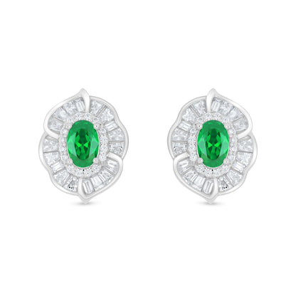 Sterling Silver 925 Earring Rhodium Plated Embedded With Emerald Zircon And White Zircon