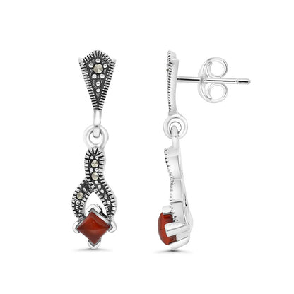Sterling Silver 925 Earring Embedded With Natural Aqiq And Marcasite Stones