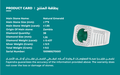 Sterling Silver 925 Men Ring Rhodium Plated Embedded With Natural Emerald And Natural Diamond (CVD)