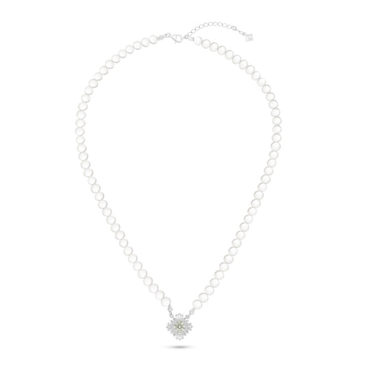 Sterling Silver 925 Necklace Rhodium Plated Embedded With Natural White Pearl, Diamond Zircon And White Zircon