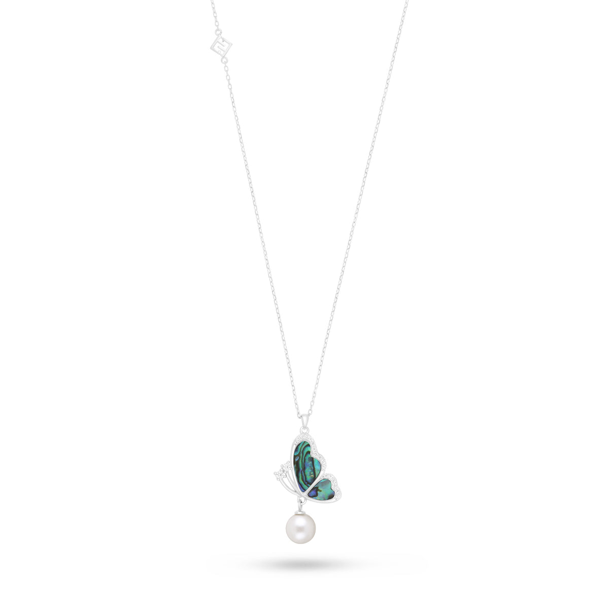 Sterling Silver 925 Necklace Rhodium Plated Embedded With Natural White Pearl, Blue Shell And White Zircon