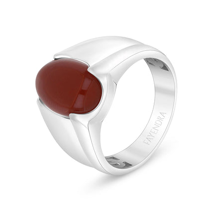 Sterling Silver 925 Ring Rhodium Plated Embedded With Cabochon Red Agate For Men