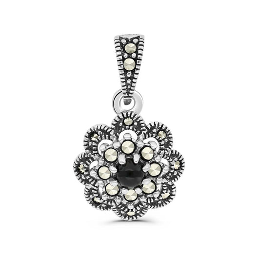 Sterling Silver 925 Pendant Embedded With Natural Black Agate And Marcasite Stones