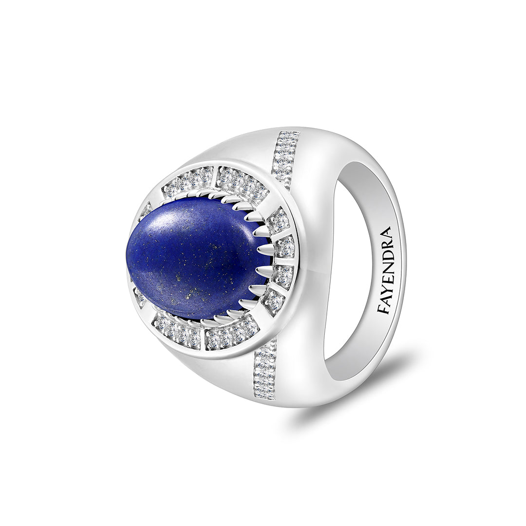 Sterling Silver 925 Ring Rhodium Plated Embedded With Cabochon Lapis And White Zircon For Men