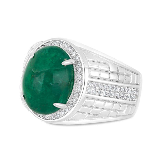 خاتم رجالي فضة عيار 925 مطلي روديوم مرصع احجار الزمرد الطبيعي و الالماس الطبيعي