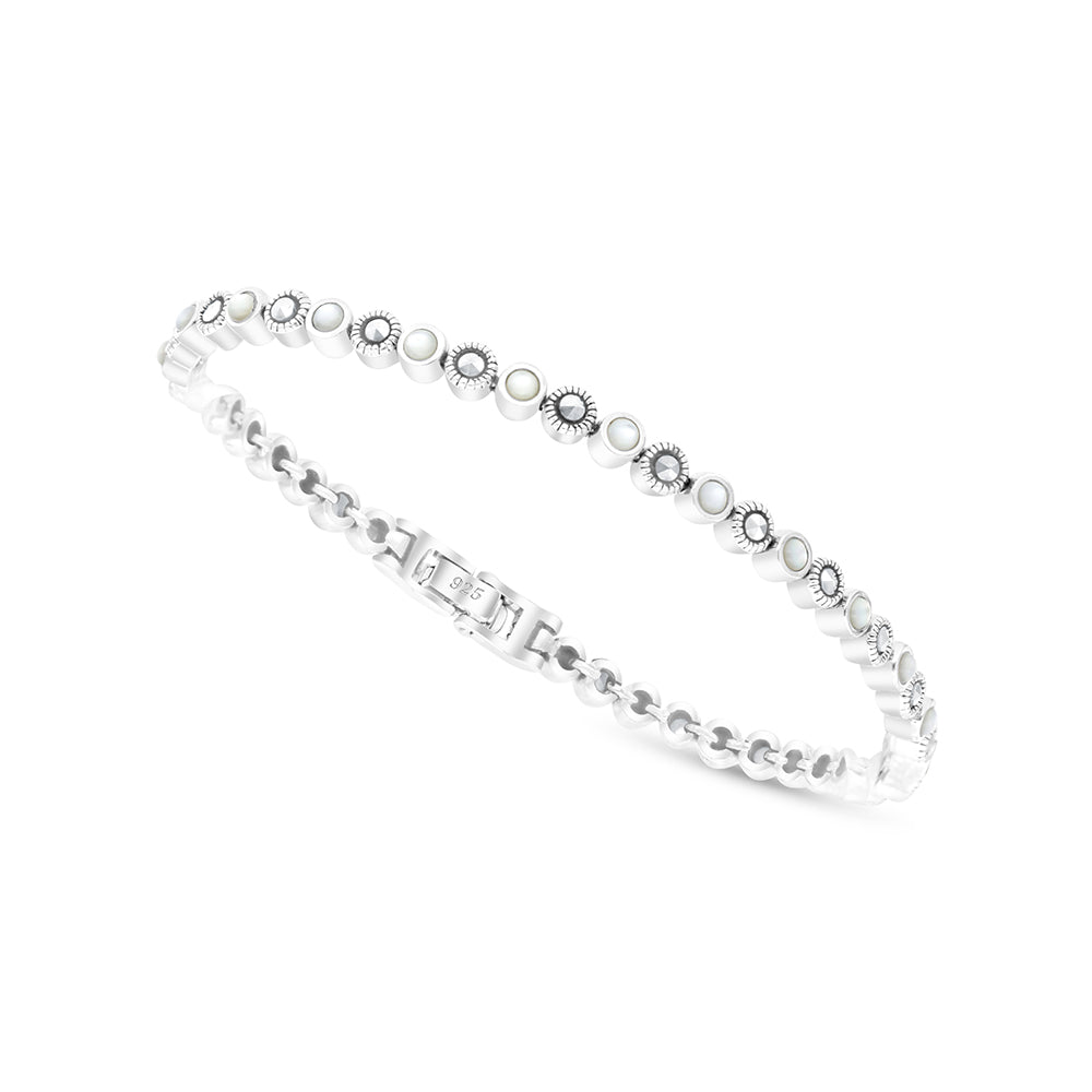 Sterling Silver 925 Set Embedded With Natural White Shell And Marcasite Stones