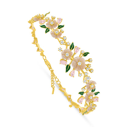 Sterling Silver 925 Bracelet Golden Plated Embedded With Pink Shell And Pink Zircon