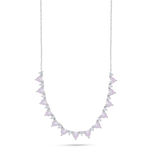 Sterling Silver 925 Necklace Rhodium Plated Embedded With Pink Zircon And White Zircon