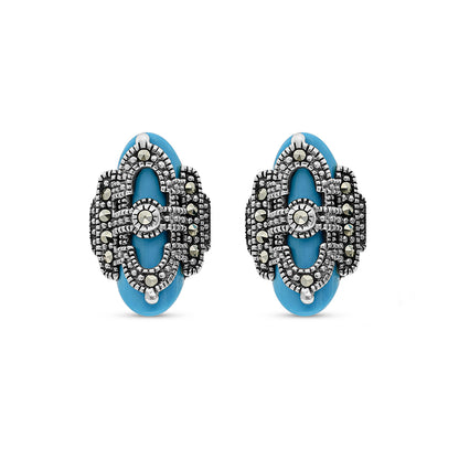 Sterling Silver 925 Earring Embedded With Natural Processed Turquoise And Marcasite Stones