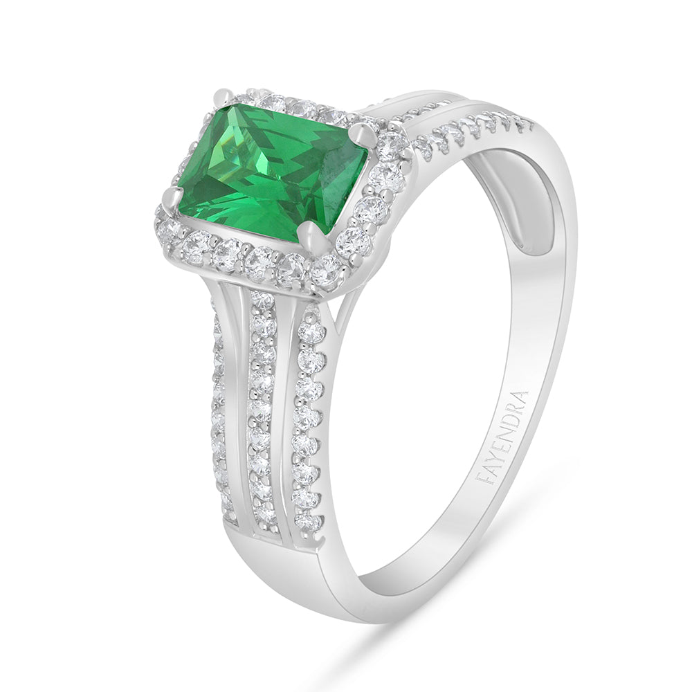 Sterling Silver 925 Ring Rhodium Plated Embedded With Emerald Zircon And White Zircon