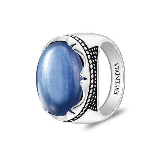 Sterling Silver 925 Ring Rhodium And Black Plated Embedded With Cabochon Natural Kyanite For Men