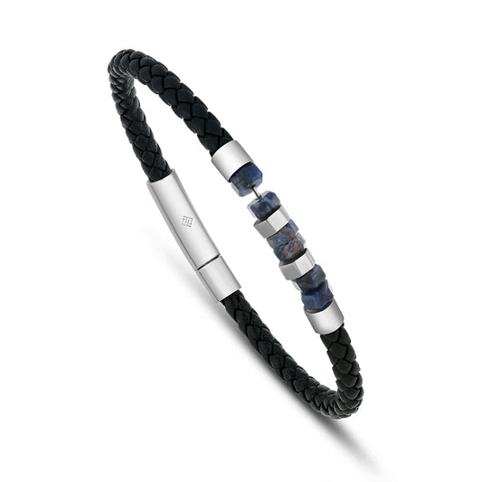 اسورة رجالي ستانلس ستيل عيار 316L و 304L لون فضي جلد اسود Blue-Veins Stone 