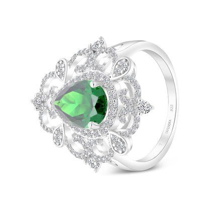 Sterling Silver 925 Ring Rhodium Plated Embedded With Emerald Zircon And White CZ