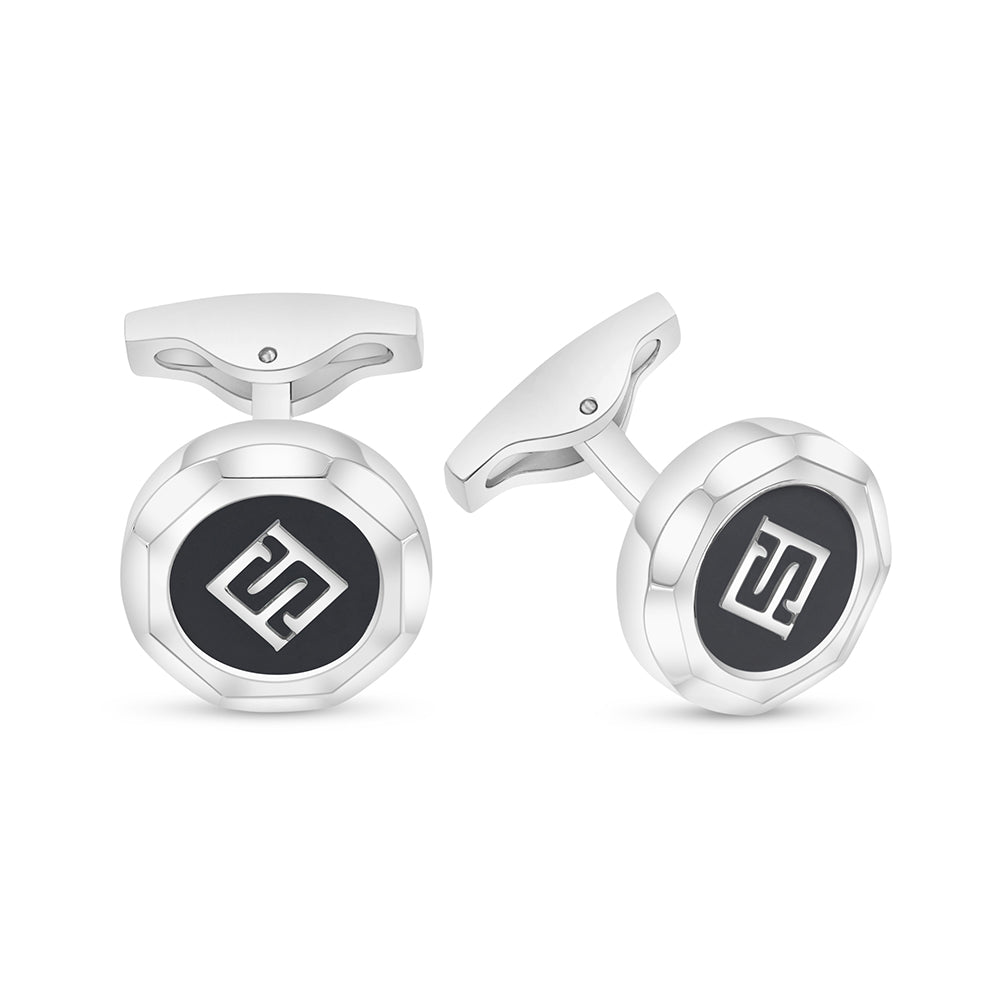Stainless Steel Cufflink 316L Embedded With Black Agate Shiny Steel