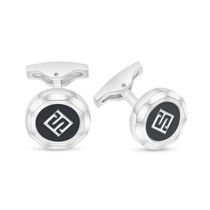 Stainless Steel Cufflink 316L Embedded With Black Agate Shiny Steel